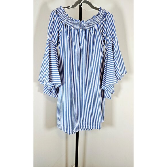 New York & Company White Blue Striped Off The Shoulder Knee Length Dress-SZ 2XL - Picture 3 of 9